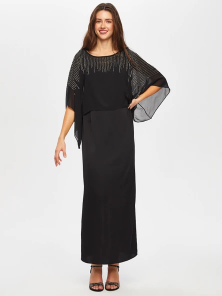 Faik Sönmez Kadın Boncuk Ve Taş İşli Şifon Pelerinli Uzun Abiye Elbise ürün görseli