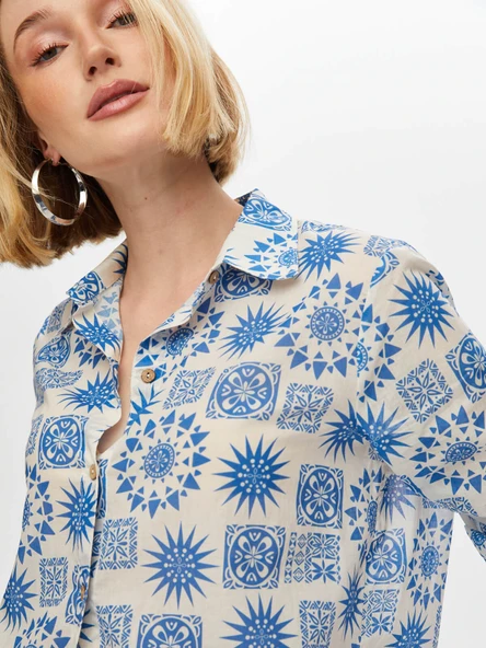 Faik Sönmez Kadın Mandala Desen Pamuk Vual Gömlek 25YUS25GML055 - 9
