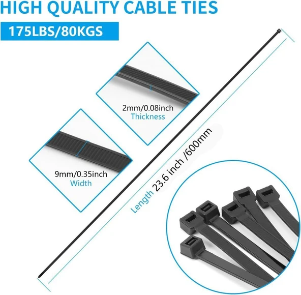630 mm x 9 mm Uzun Ağır Hizmet Kablo Bağı 10 adet - Resim 3