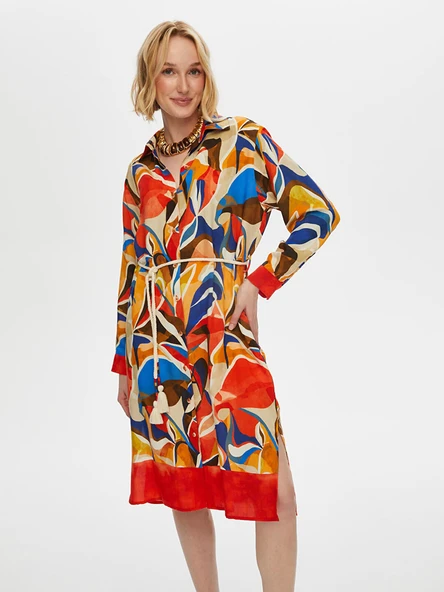 Faik Sönmez Kadın Eteği Sulu Kemer Detaylı Viskon Gömlek Elbise - 2