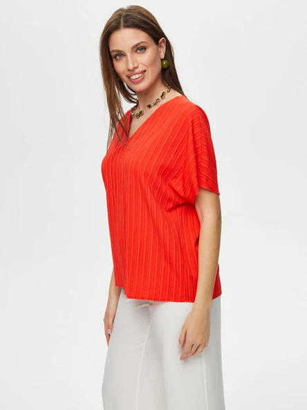 Kısa Kollu Kendinden Dokulu Bluz Faik Sönmez - 8