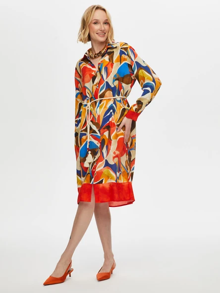 Faik Sönmez Kadın Eteği Sulu Kemer Detaylı Viskon Gömlek Elbise - 4