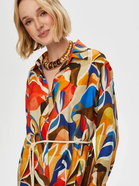 Faik Sönmez Kadın Eteği Sulu Kemer Detaylı Viskon Gömlek Elbise - 11