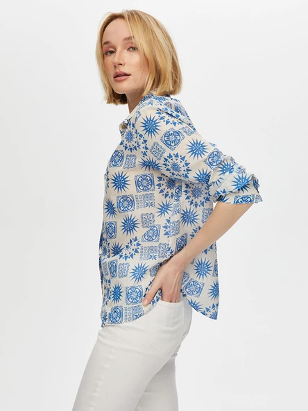Faik Sönmez Kadın Mandala Desen Pamuk Vual Gömlek 25YUS25GML055 - 4