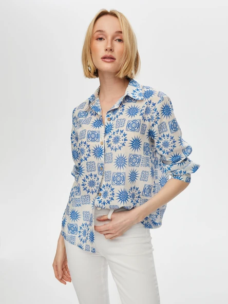 Faik Sönmez Kadın Mandala Desen Pamuk Vual Gömlek 25YUS25GML055