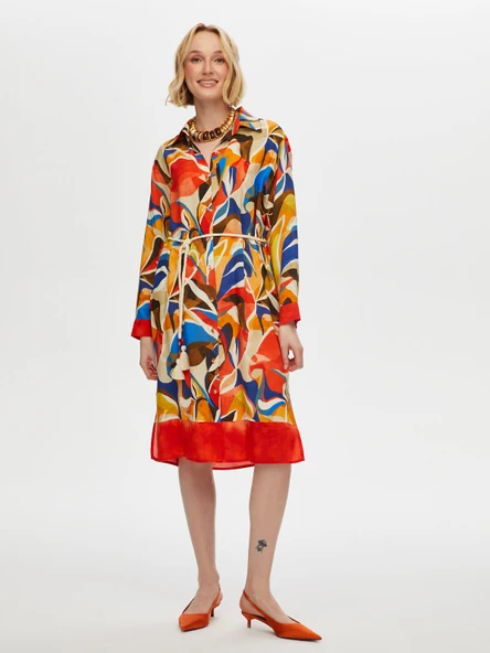 Faik Sönmez Kadın Eteği Sulu Kemer Detaylı Viskon Gömlek Elbise - 8