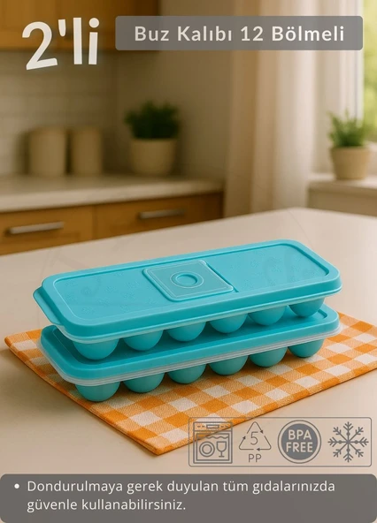 2'li Set Buz Kalıbı 12 Bölmeli Esnek Silikon Buz Küpü BPA FREE Kare Bas Parmak Buzluk Çapı 3,5 cm Mavi