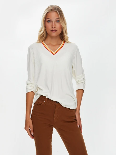 Faik Sönmez Kadın Çizgili Triko Yakalı Uzun Kol Kaşkorse Bluz - 8