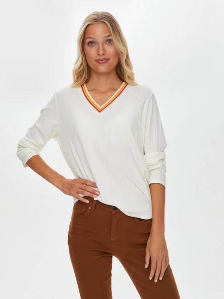 Faik Sönmez Kadın Çizgili Triko Yakalı Uzun Kol Kaşkorse Bluz - 1