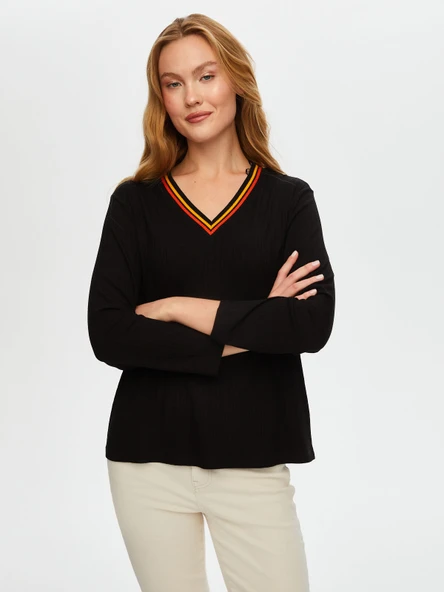 Faik Sönmez Kadın Çizgili Triko Yakalı Uzun Kol Kaşkorse Bluz - 7