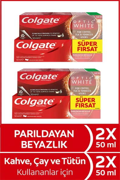 Colgate Optic White Kahve,Çay ve Tütün 50 ml x 2 Adet + Optic White Parıldayan Beyazlık 50 ml x 2 Adet