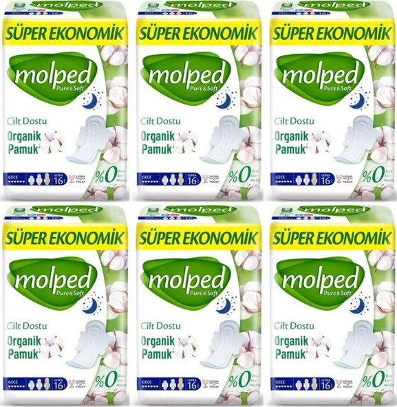 Molped Pure&Soft Hijyenik Ped Süper Ekonomik Gece 16'Lı 6 Adet - 1