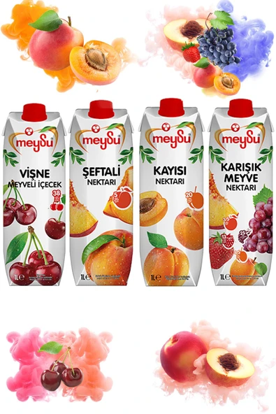 Meysu Meyve Nektarı 1 lt x 4 Adet (Kayısı, Vişne, Şeftali, Karışık Meyve)