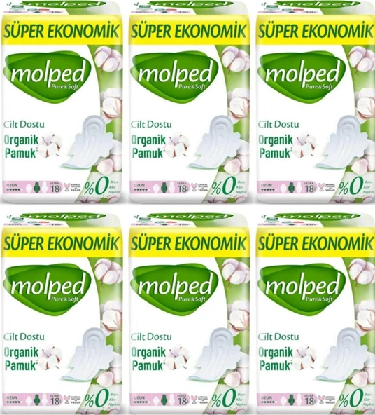Molped Pure&Soft Hijyenik Ped Süper Ekonomik Uzun 18 Li 6 Adet ürün görseli
