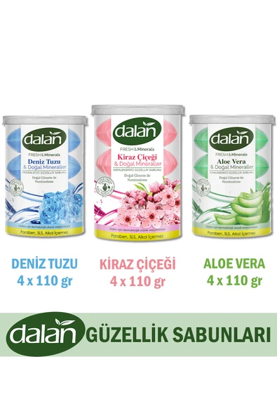 Dalan Fresh&Minerals Sabun Seti 4x110 gr x 3 Adet (Deniz Tuzu, Aloe Vera, Kiraz Çiçeği)