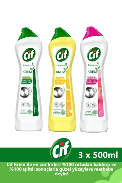 Cif Krem Yüzey Temizleyici 500 ml x 3 Adet (Amonyaklı, Limonlu, Frezya ve Müge Çiçeği)