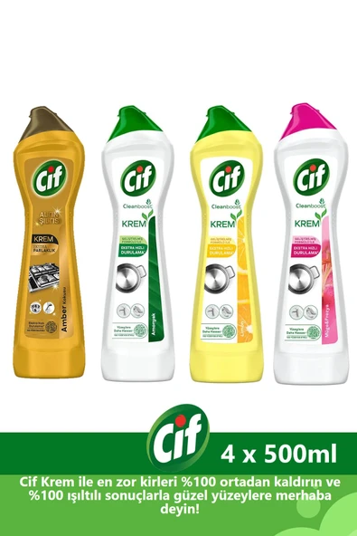 Cif Krem Yüzey Temizleyici 500 ml x 4 Adet (Altın Işıltısı, Amonyaklı, Limonlu, Frezya ve Müge Çiçeği)