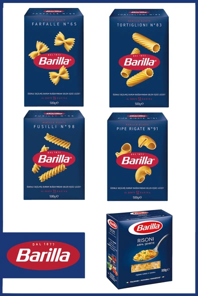 Barilla Makarna Seti 500 gr x 5 Adet (Farfalle, Tortiglioni, Fusilli, Pipe Rigate, Risoni) - 1