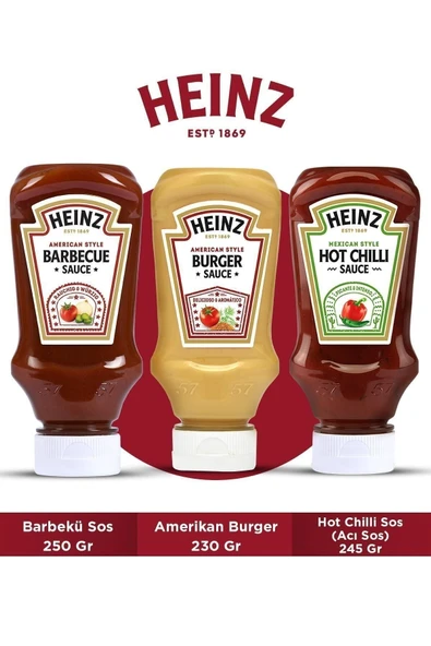 Heinz Üçlü Gurme Sos Paketi (barbekü Sos 250 Gr + Amerikan Burger 230 Gr + Hot Chilli Sos 245 Gr)