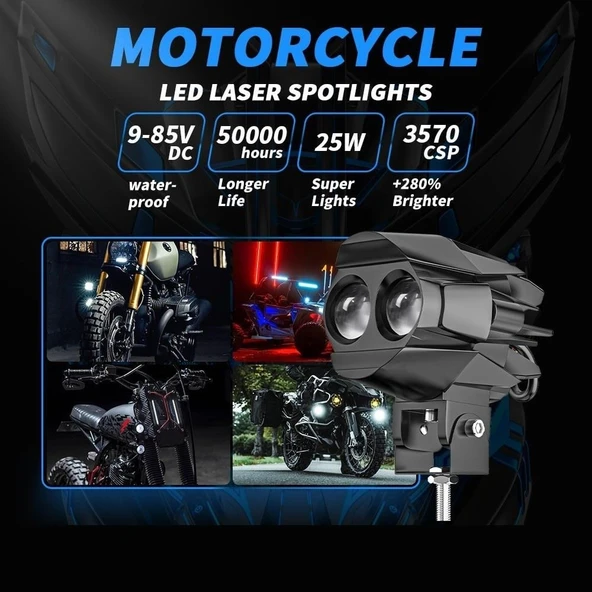 Motosiklet Çift Göz Led Lazer Sis Farı 2 ADET Delici Beyaz Sarı Çift Renk 12-80 Volt - 7