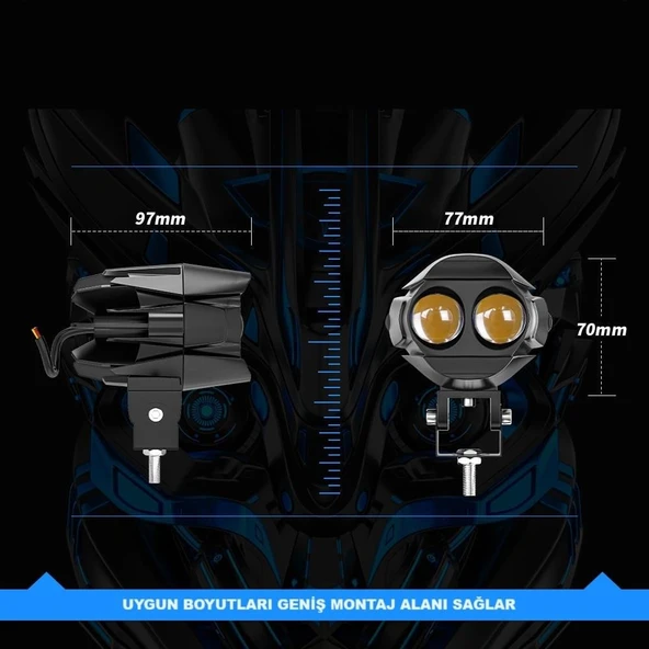 Motosiklet Çift Göz Led Lazer Sis Farı 2 ADET Delici Beyaz Sarı Çift Renk 12-80 Volt - 5
