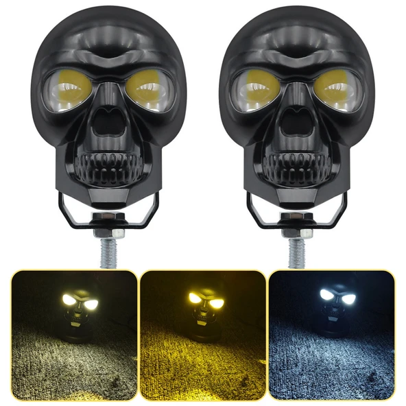 LED Motosiklet Aydınlatma Sis Lambası Skull Tasarımlı 3 Modlu 12V-24V Yüksek Performanslı Far 2 Adet