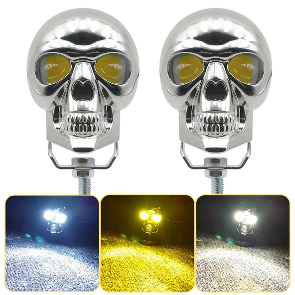 LED Motosiklet Aydınlatma Sis Lambası Skull Tasarımlı 3 Modlu 12V-24V Yüksek Performanslı Far 2 Adet