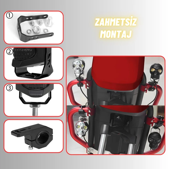 LED Motosiklet Aydınlatma Sis Lambası Skull Tasarımlı 3 Modlu 12V-24V Yüksek Performanslı Far 2 Adet - 3