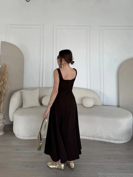 Sırt Dekolteli Kolsuz Uzun Elbise - Kahverengi - 3