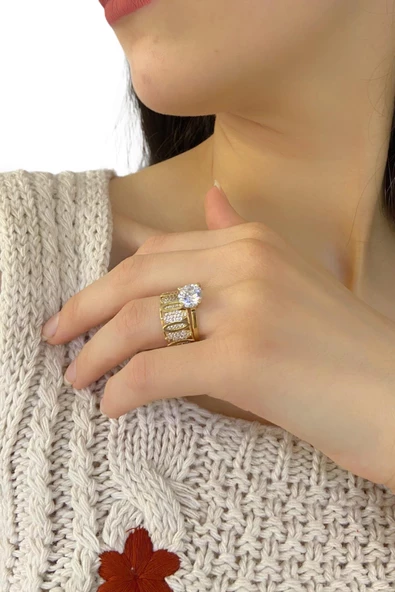 8 Ayar Altın Alyans Taşlı Tektaş Yüzük - Resim 2