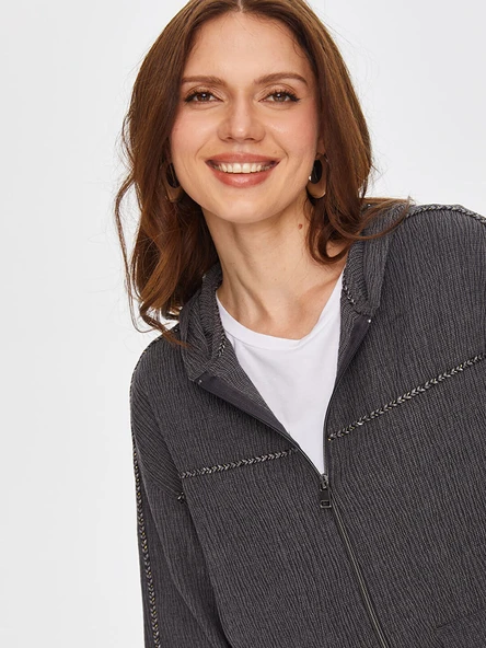 Faik Sönmez Kadın Kendinden Dokulu Şerit Detaylı Örme Ceket - 2