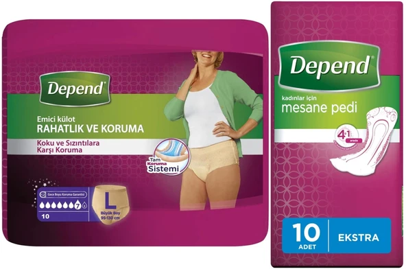 Depend Emici Külot Lohusa Pedi L - Large - Büyük Kadın (10 Lu)+Mesane Pedi Kadın Ekstra (10 Lu)