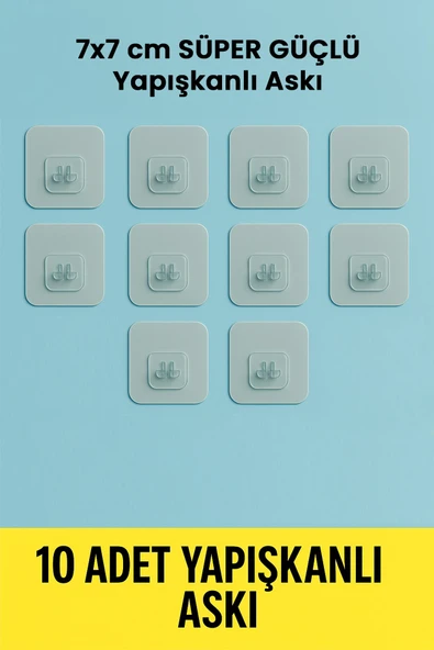 10 Adet 7x7cm Yedek Süper Güçlü Yapışkanlı Askı, 20KG Banyo - Mutfak Raf Tutucu Sticker, Delmesiz ürün görseli