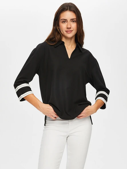 Zigzag Şeritli Polo Yaka Örme Bluz Faik Sönmez - 12