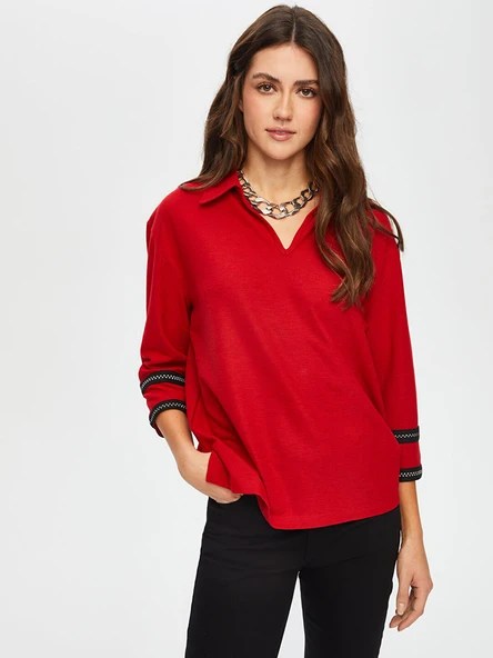 Zigzag Şeritli Polo Yaka Örme Bluz Faik Sönmez - 2