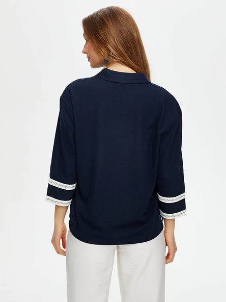 Zigzag Şeritli Polo Yaka Örme Bluz Faik Sönmez - 10