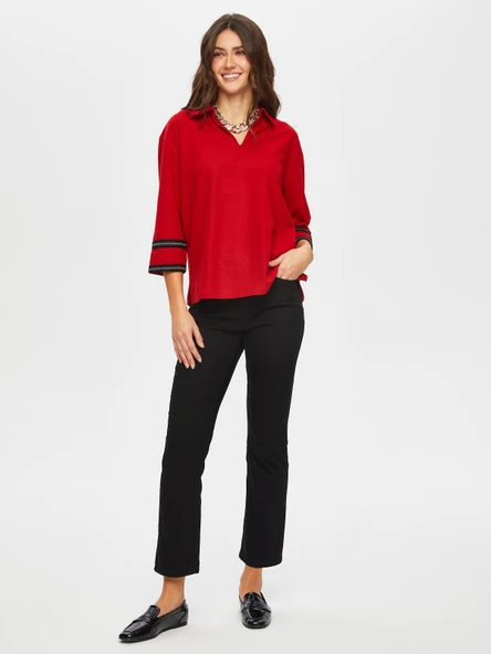 Zigzag Şeritli Polo Yaka Örme Bluz Faik Sönmez - 5