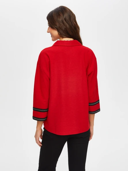 Zigzag Şeritli Polo Yaka Örme Bluz Faik Sönmez - 9