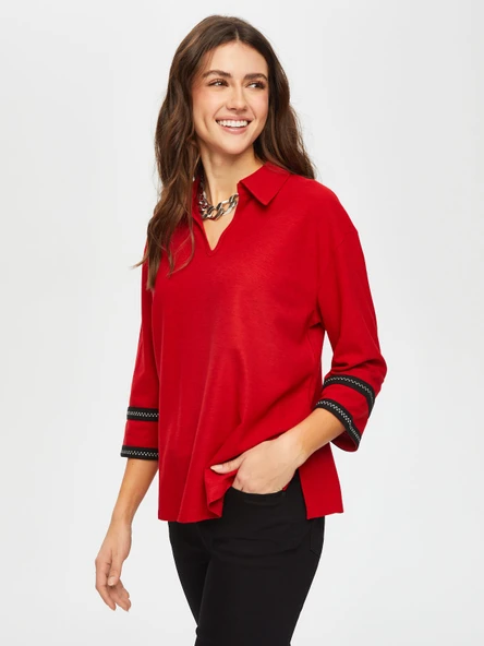 Zigzag Şeritli Polo Yaka Örme Bluz Faik Sönmez