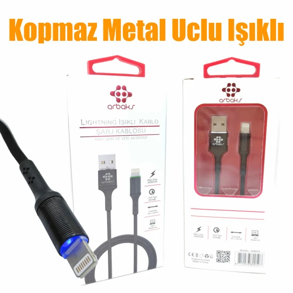 (İphone) Kopmaz Metal Uclu Işıklı Hızlı Şarj Kablosu Arbaks ARB050