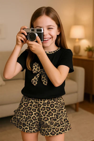 KIZ ÇOCUK ŞORT ETEK TAKIM LEOPAR BASKILI FIRFIRLI B1 ürün görseli