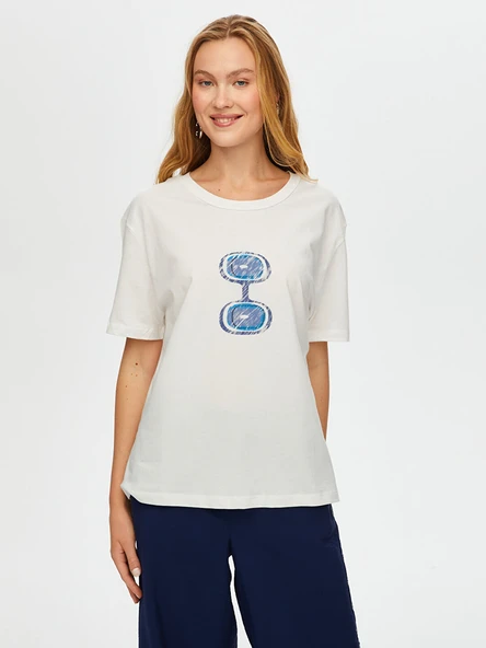 Faik Sönmez Kadın Önü Nazar Boncuğu Baskılı Yuvarlak Yaka Pamuklu T-Shirt - 2