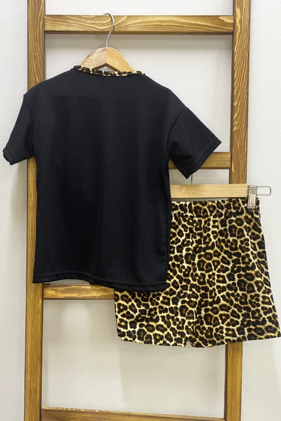 KIZ ÇOCUK ŞORT ETEK TAKIM LEOPAR BASKILI FIRFIRLI B1 - Resim 3