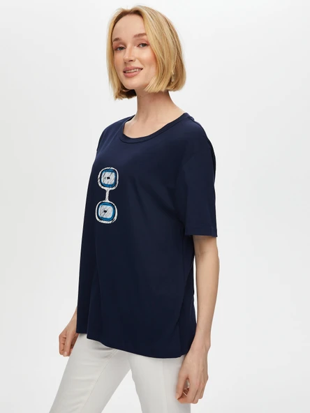 Faik Sönmez Kadın Önü Nazar Boncuğu Baskılı Yuvarlak Yaka Pamuklu T-Shirt - 9