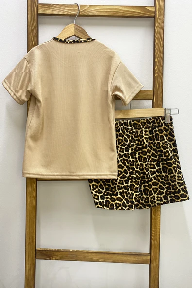 KIZ ÇOCUK ŞORT ETEK TAKIM LEOPAR BASKILI FIRFIRLI B1 - Resim 6