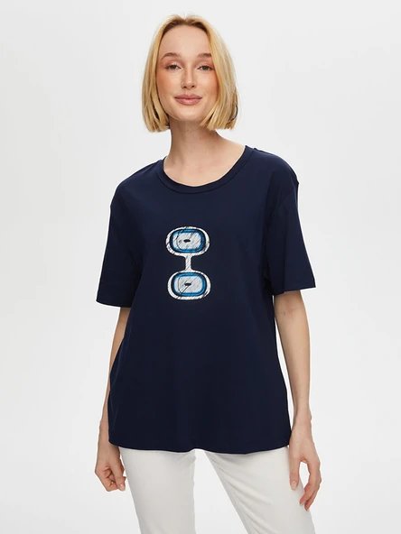 Faik Sönmez Kadın Önü Nazar Boncuğu Baskılı Yuvarlak Yaka Pamuklu T-Shirt - 8