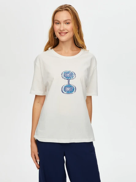 Faik Sönmez Kadın Önü Nazar Boncuğu Baskılı Yuvarlak Yaka Pamuklu T-Shirt