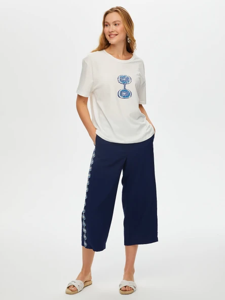 Faik Sönmez Kadın Önü Nazar Boncuğu Baskılı Yuvarlak Yaka Pamuklu T-Shirt - 7