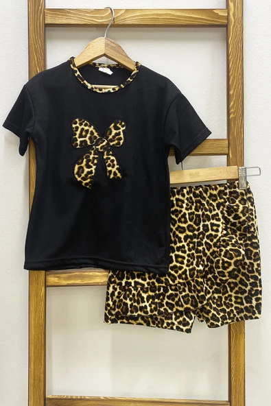KIZ ÇOCUK ŞORT ETEK TAKIM LEOPAR BASKILI FIRFIRLI B1 - Resim 2