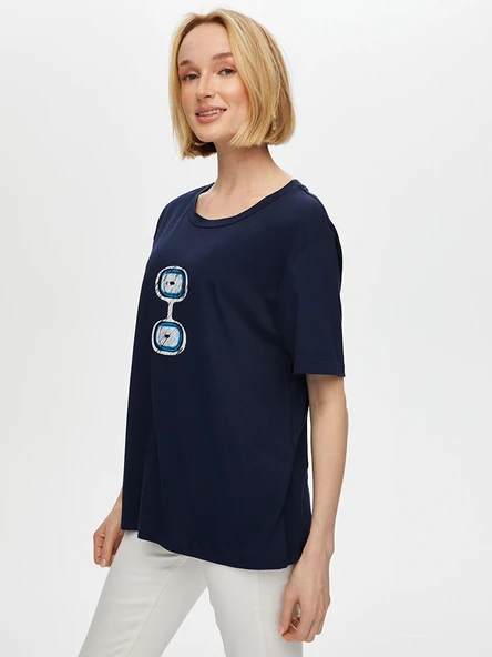 Faik Sönmez Kadın Önü Nazar Boncuğu Baskılı Yuvarlak Yaka Pamuklu T-Shirt - 11